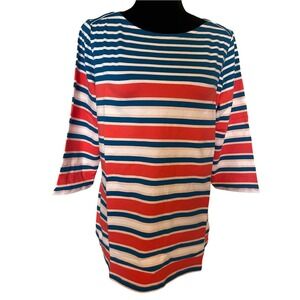 NWT d&co Coral and Blue Stripe Boatneck 3/4 Sleeve Blouse Top Tee Size Medium